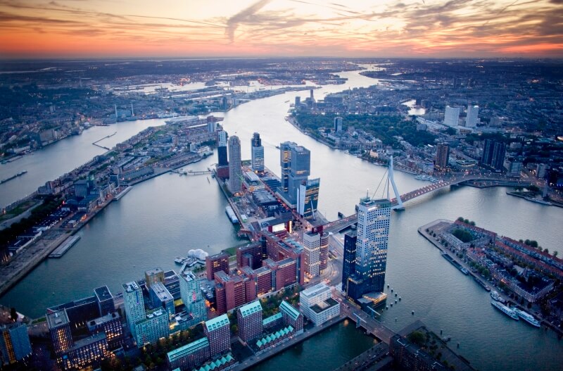 Rotterdam-overview-of-skyline-erasmusbrug-and-buildings-wilhelminapier-from-the-sky