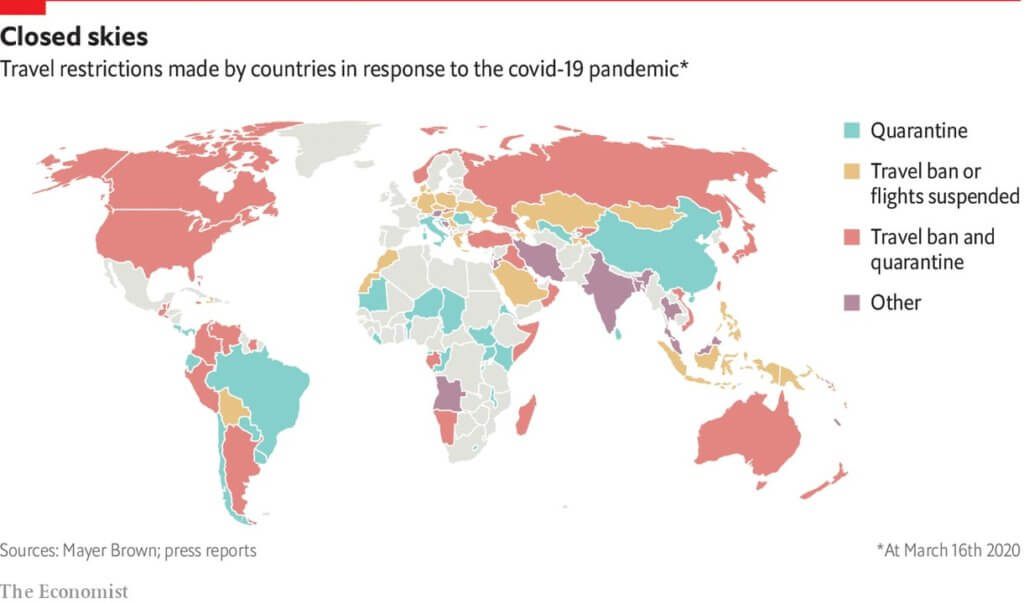 Image travel bans during Corona. Source: The Economist, 16 March 2021
